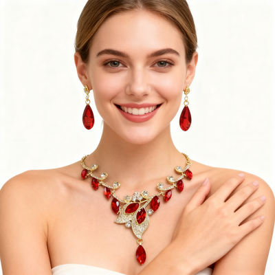 18K Gold Red Crystal Leaf Necklace & Earring Set