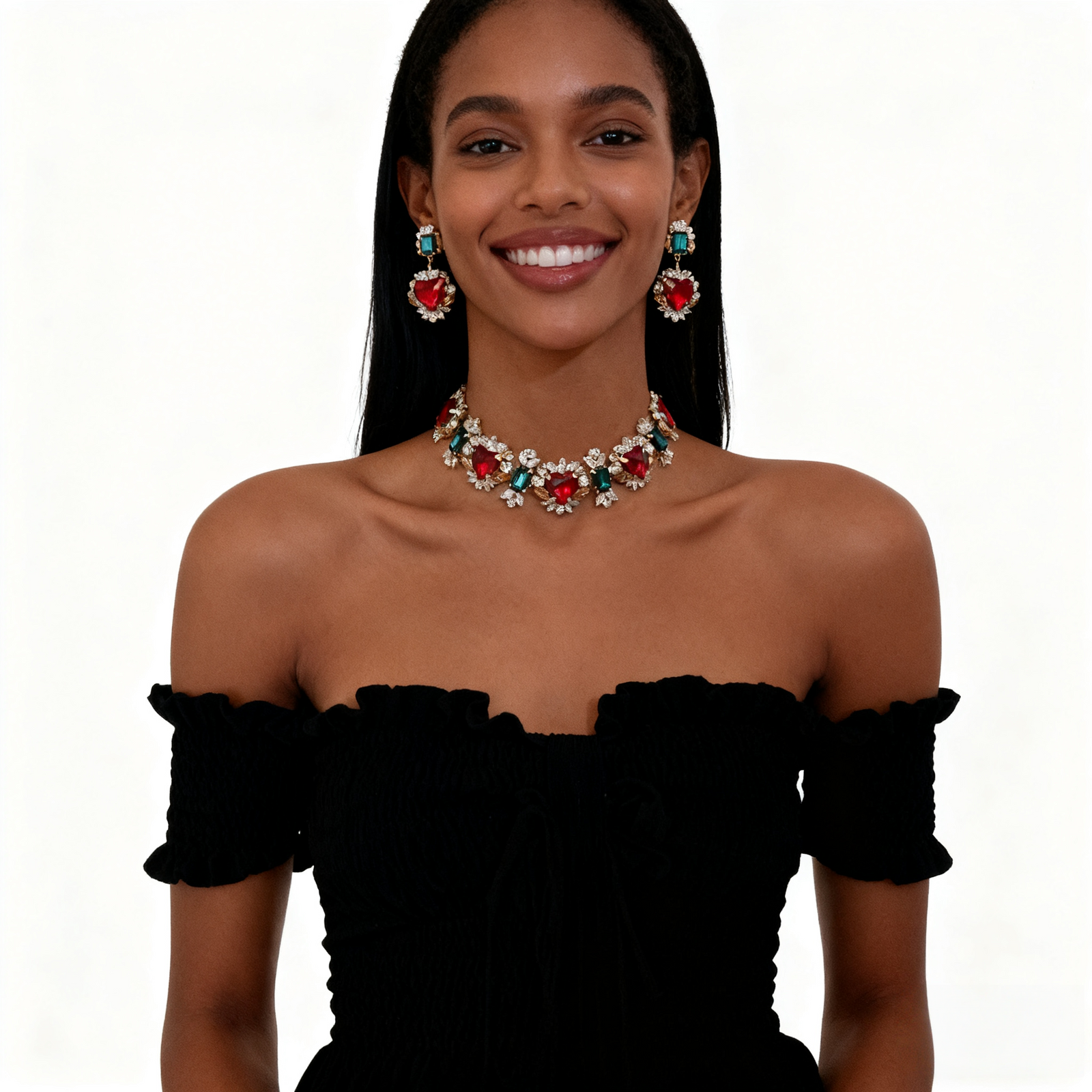 18K Gold Red and Blue Crystal Necklace & Earring
