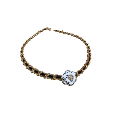 Diamond Pearl Flower Leather Wrap Necklace