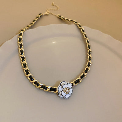 Diamond Pearl Flower Leather Wrap Necklace