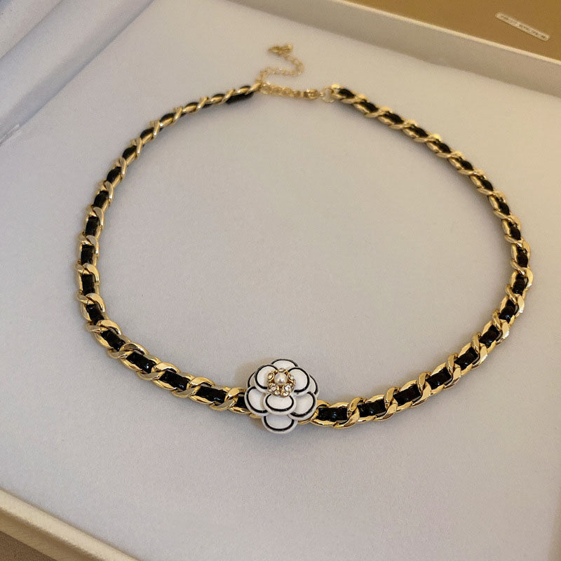 Diamond Pearl Flower Leather Wrap Necklace
