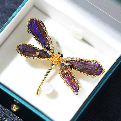 Dragonfly natural crystal brooch