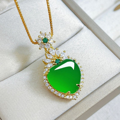 Diamond Natural Emerald Jade Stone Heart Necklace
