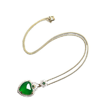 Diamond Natural Emerald Jade Stone Heart Necklace