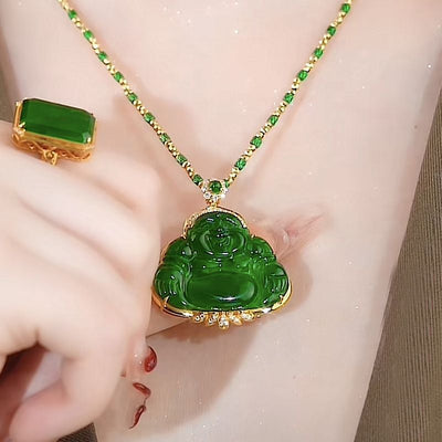 Natural Emerald Jade Stone Laughing Buddha Necklace