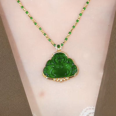 Natural Emerald Jade Stone Laughing Buddha Necklace