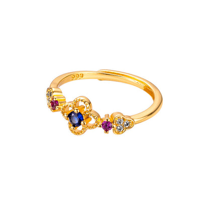 Four-leaf clover gold-plated copper diamond ring