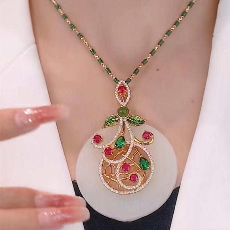 Colorful Flower Branch Natural Emerald Jade Stone Necklace
