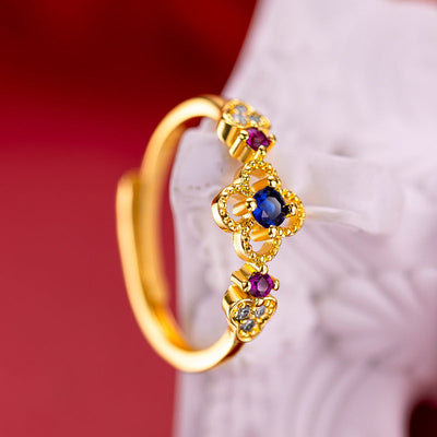 Four-leaf clover gold-plated copper diamond ring