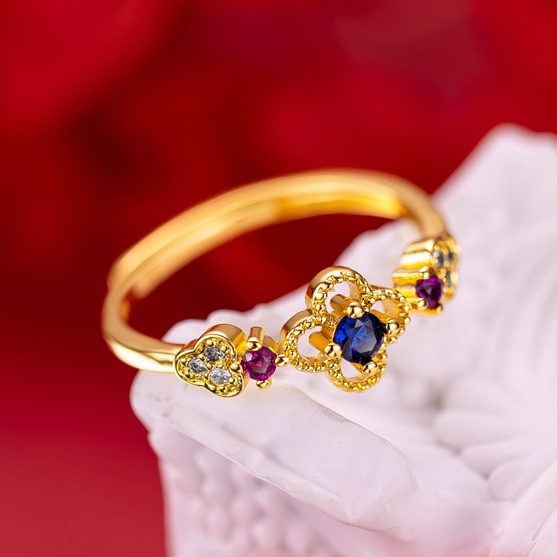 Four-leaf clover gold-plated copper diamond ring