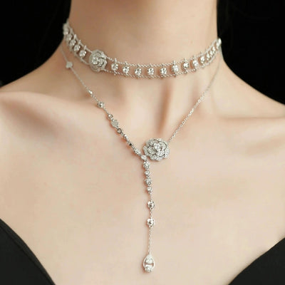 Camellia S925 Silver Diamond Necklace & Bracelet & Earrings