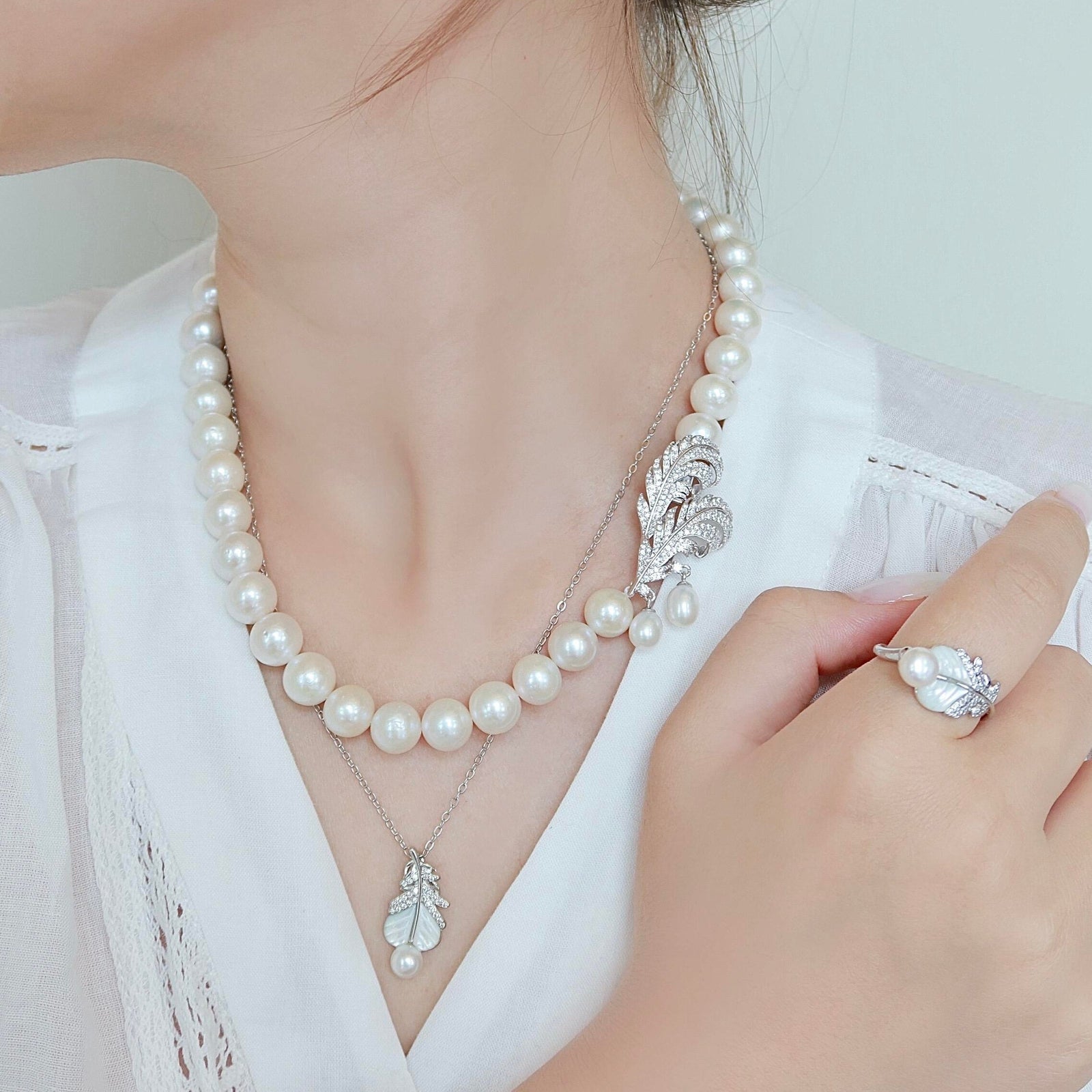 Feather Pearl Necklace & Earrings & Ring