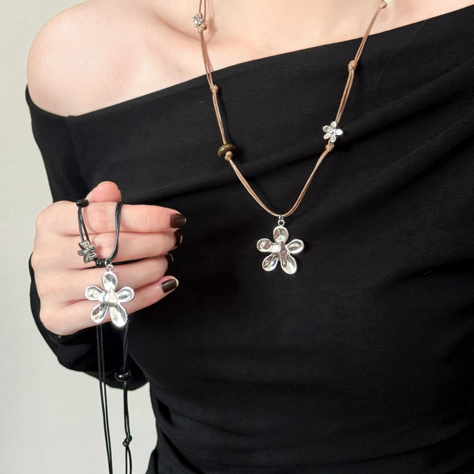 Braided Rope 925 Silver Flower Necklace