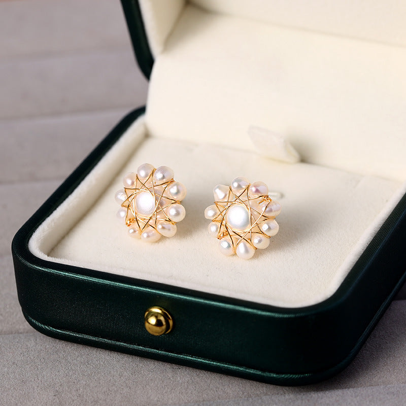 Wire Wound Small Pearl Star Stud Earrings