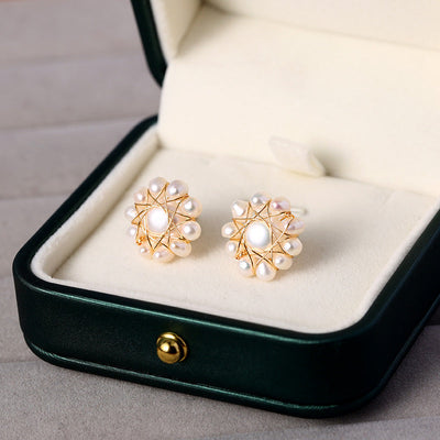 Wire Wound Small Pearl Star Stud Earrings