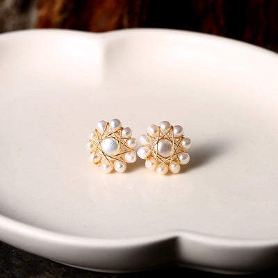 Wire Wound Small Pearl Star Stud Earrings