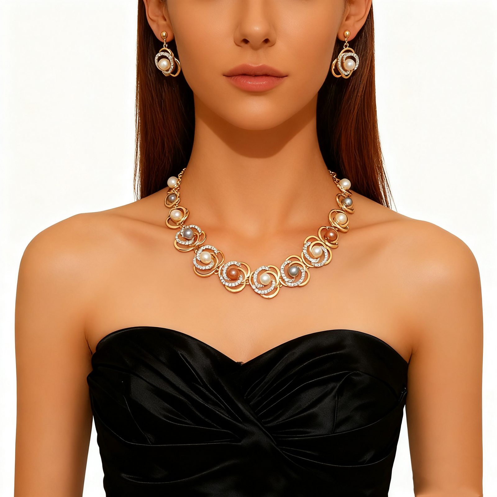 18K Gold Diamond & Pearl Necklace & Earrings Set