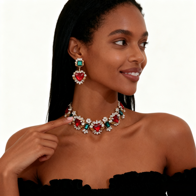 18K Gold Red and Blue Crystal Necklace & Earring