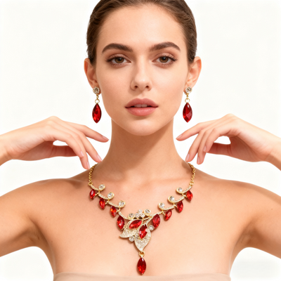 18K Gold Red Crystal Leaf Necklace & Earring Set