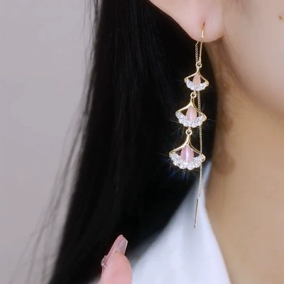 Natural Pink Cat's Eye Ginkgo Leaf Earrings