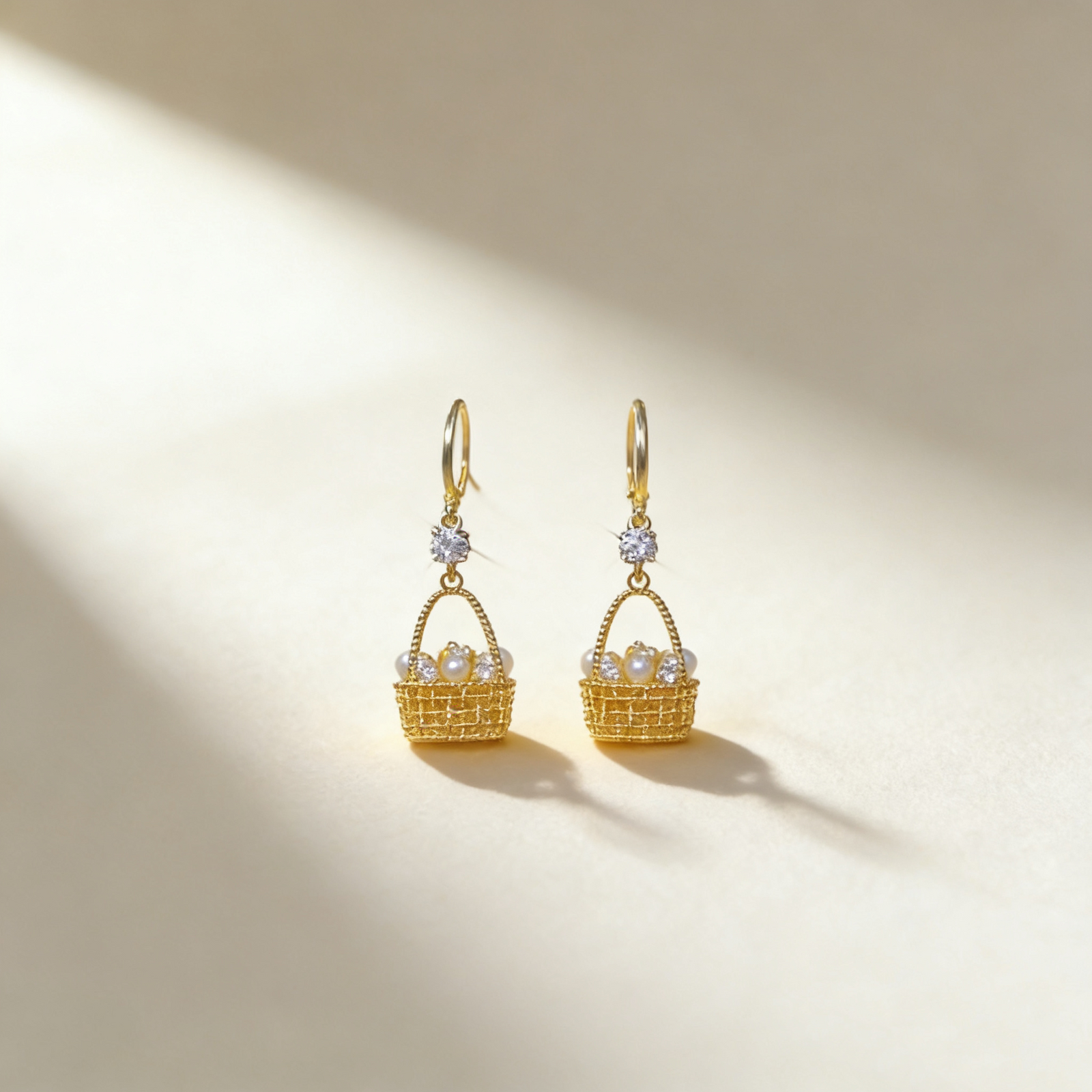 Pearl & Diamond Flower Basket Earrings