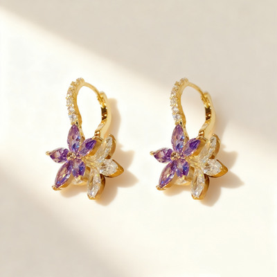 Amethyst & Diamond Flower Double-Layer Earrings