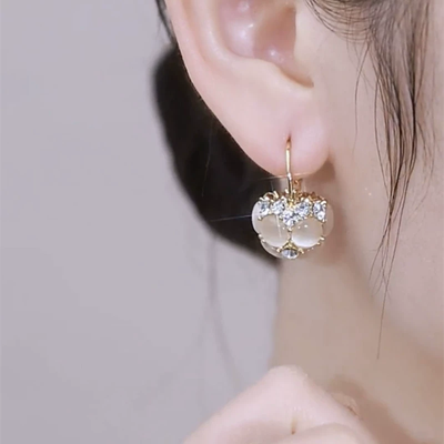 Natural cat's eye stone ball earrings