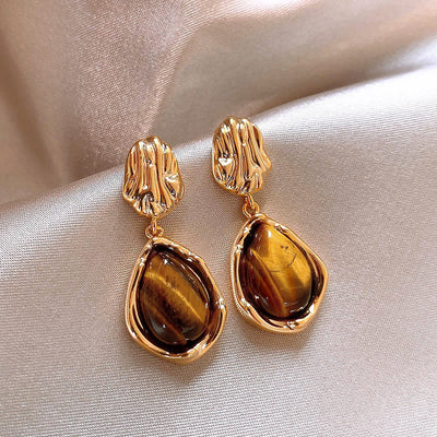 Pleated water drop natural tiger eye stone earrings