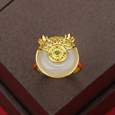 Cute Dragon Filigree Natural Emerald Jade Stone Ring