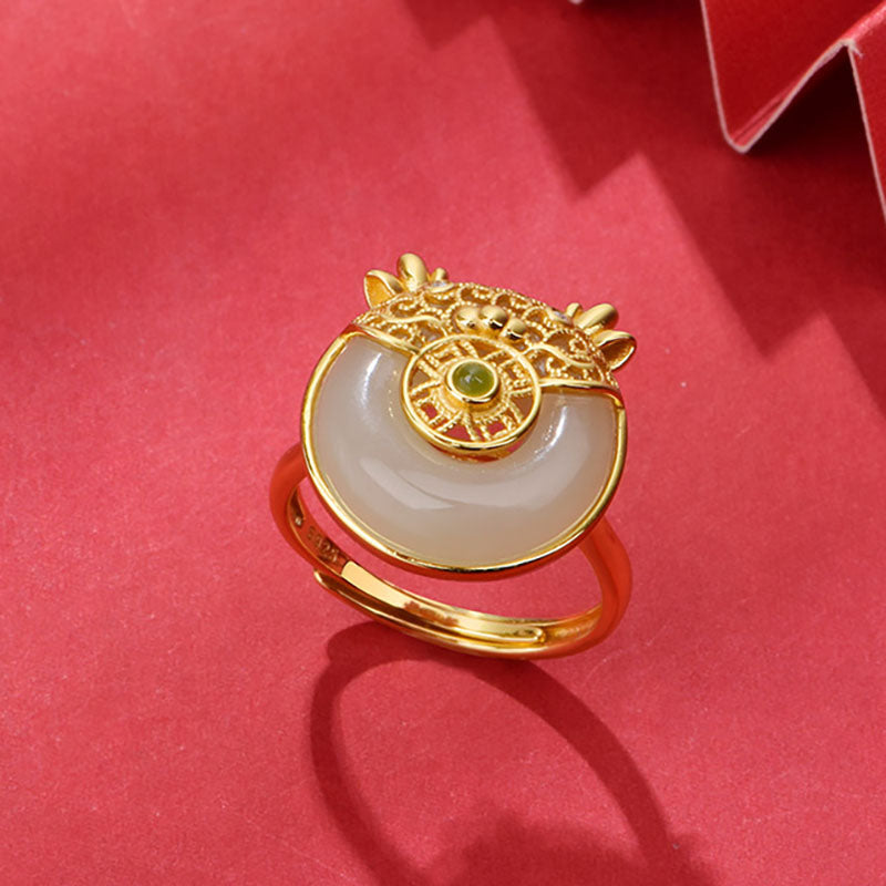 Cute Dragon Filigree Natural Emerald Jade Stone Ring