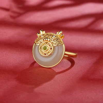 Cute Dragon Filigree Natural Emerald Jade Stone Ring