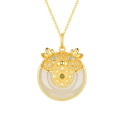 Cute Dragon Filigree Natural Emerald Jade Stone Necklace