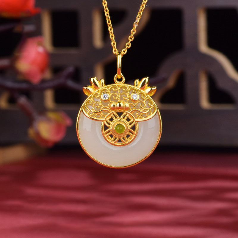 Cute Dragon Filigree Natural Emerald Jade Stone Necklace
