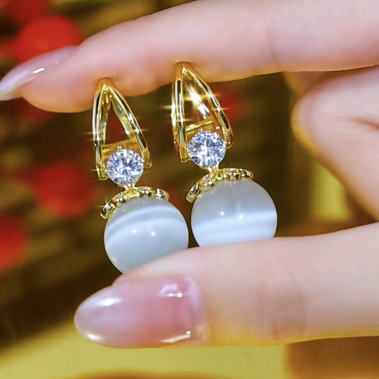 Diamond-set Natural Cat's Eye Earrings