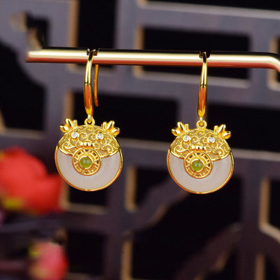 Cute Dragon Filigree Natural Emerald Jade Stone Earrings