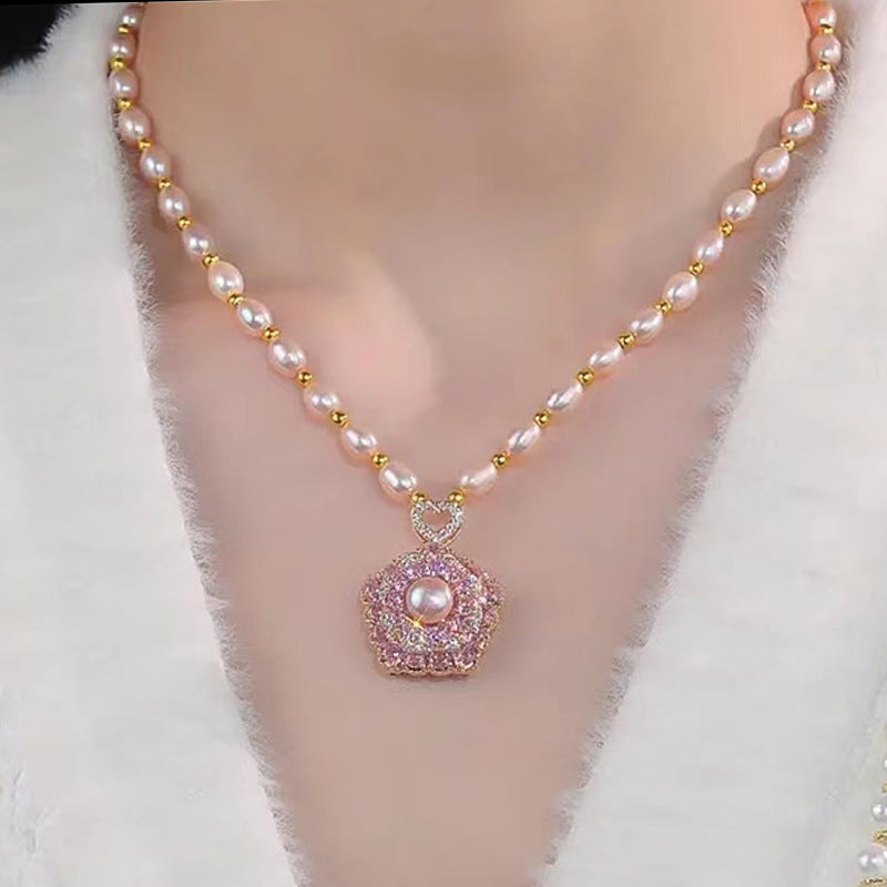 Rotatable Flower Natural Freshwater Pearl Necklace