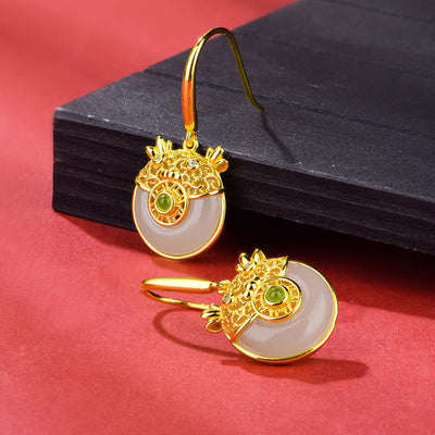 Cute Dragon Filigree Natural Emerald Jade Stone Earrings