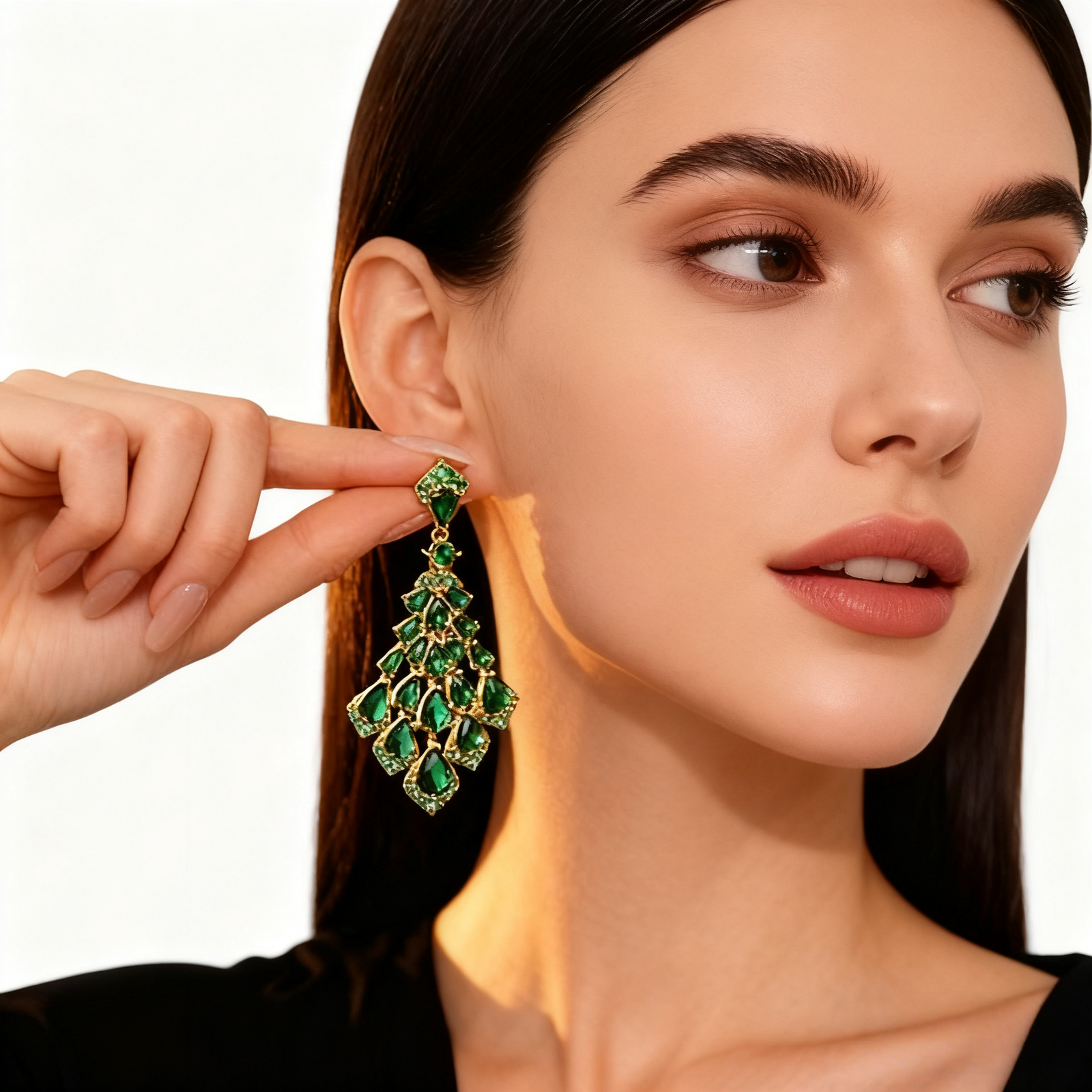 18K Gold Green Crystal Tassel Earrings