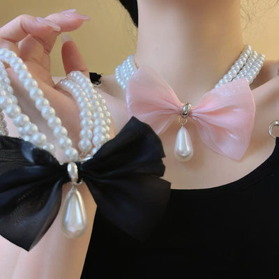 Bow knot natural freshwater pearl drop necklace