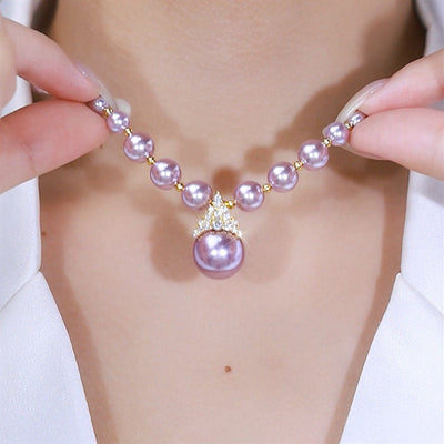 Diamond-studded Purple Natural Freshwater Pearl Necklace