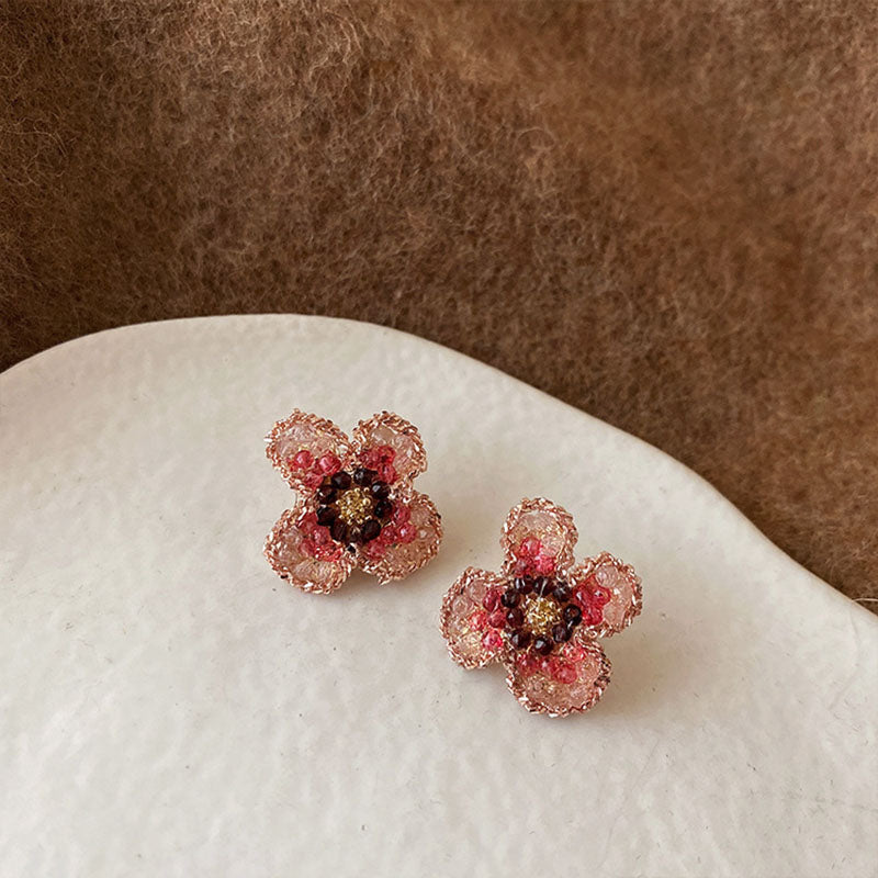 Pink four-petal flower natural crystal earrings