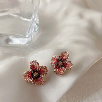 Pink four-petal flower natural crystal earrings