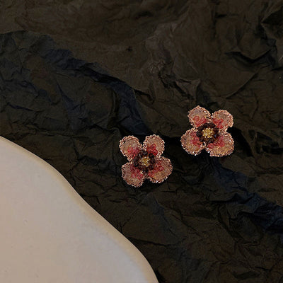Pink four-petal flower natural crystal earrings