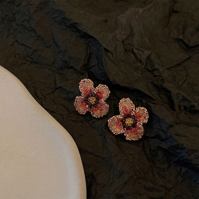 Pink four-petal flower natural crystal earrings