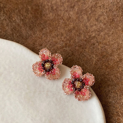Pink four-petal flower natural crystal earrings