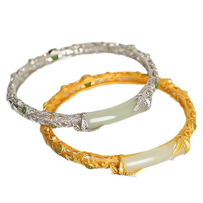 Bamboo Natural Emerald Jade Stone Open Bracelet