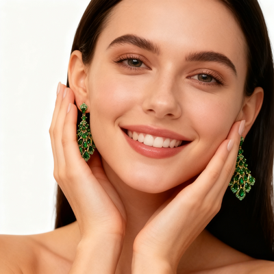 18K Gold Green Crystal Tassel Earrings