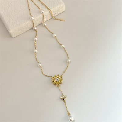 Rotatable sunflower natural freshwater pearl necklace