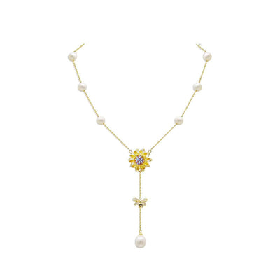 Rotatable sunflower natural freshwater pearl necklace