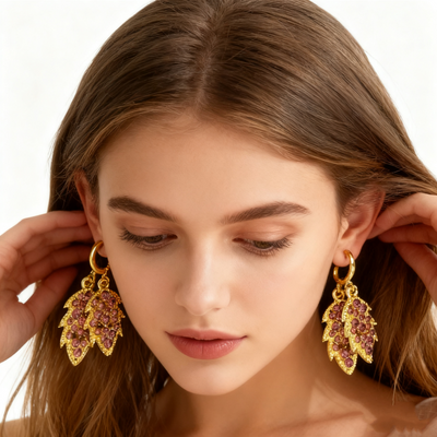 18K Gold Amethyst Leaf Earrings